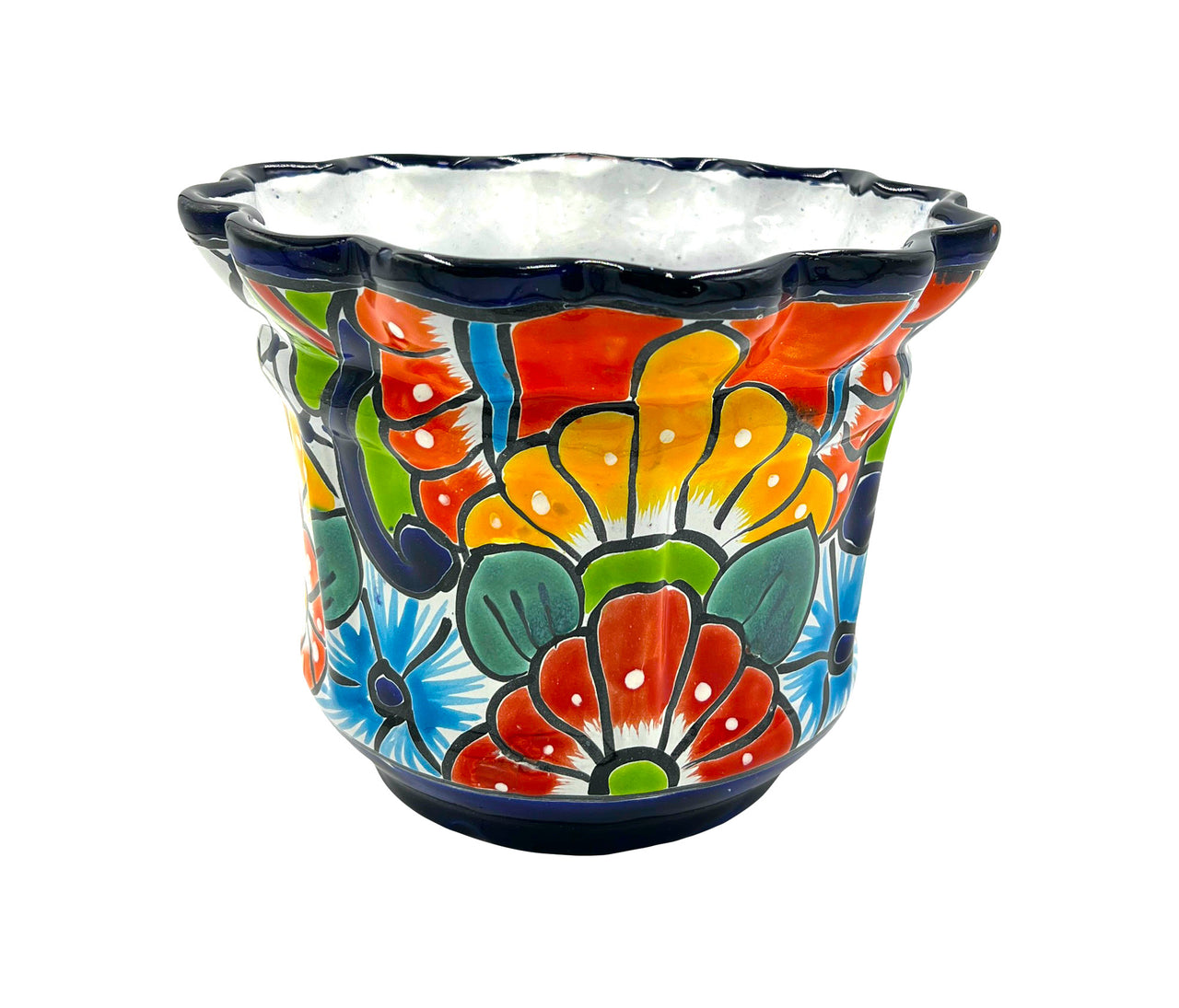 Mexican Talavera Scalloped Corona Rim Planter Planter Pot Hand Painted - Dark Blue Trim