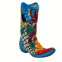 Thumbnail for Mexican Talavera Cowboy Boot Planter Hand Painted - Light Blue Trim