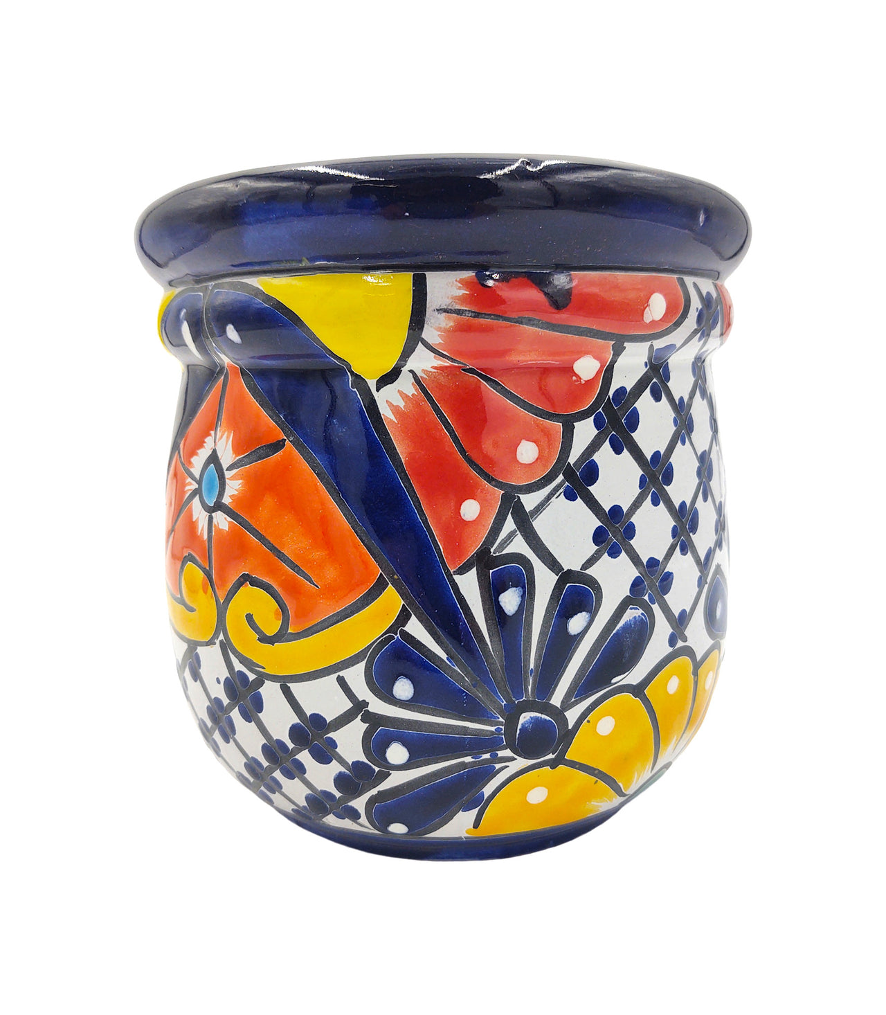 Mexican Talavera "Campanita" Planter Pot Hand Painted - Dark Blue Trim
