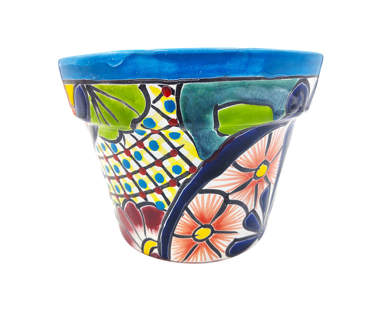 Mexican Talavera Maceta De Granja Planter Pot - Hand Painted with Light Blue Trim