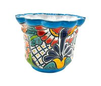 Thumbnail for Mexican Talavera Scalloped Corona Rim Planter Planter Pot Hand Painted - Light Blue Trim