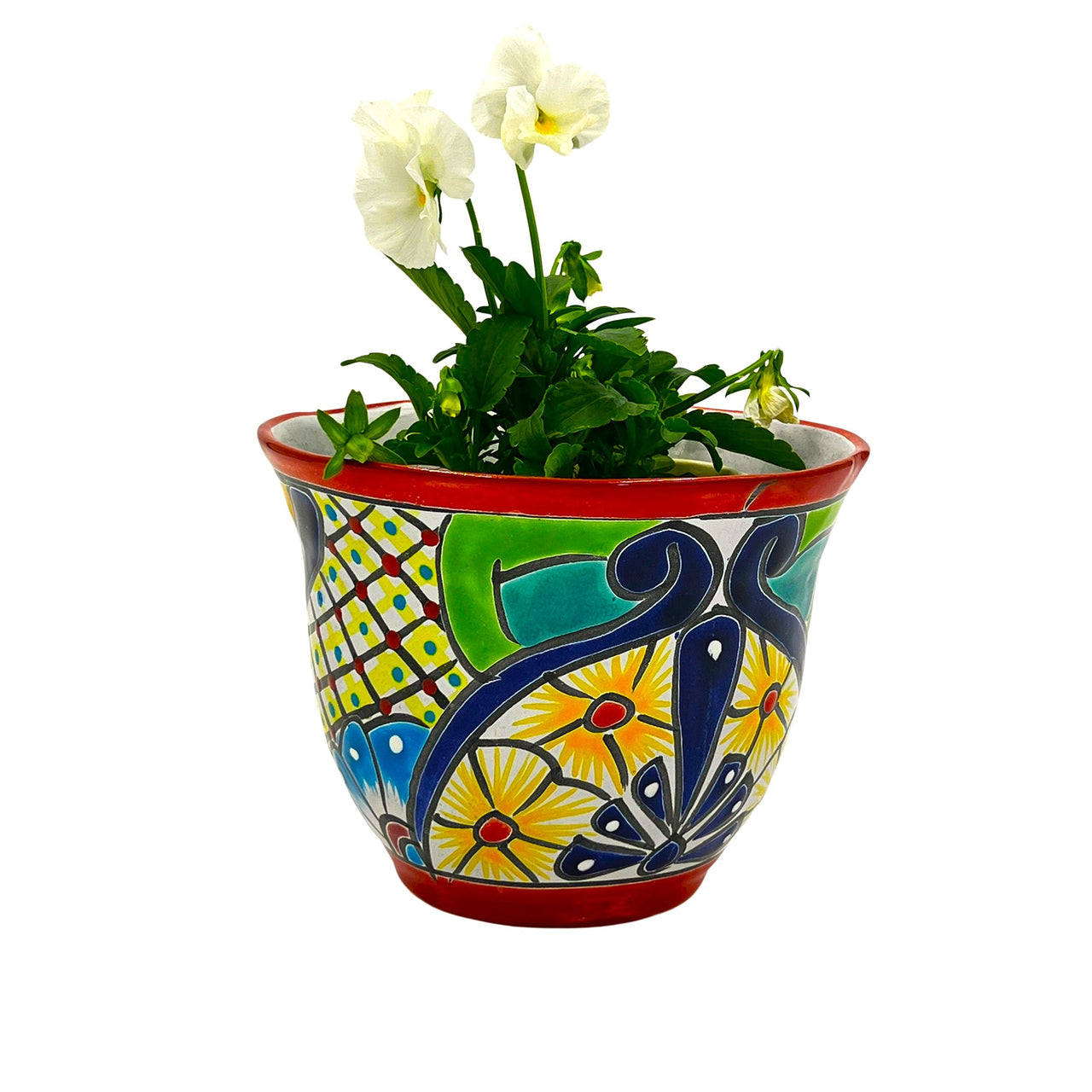 Mexican Talavera "Japonesa Planter" Pot Hand Painted - Red Trim