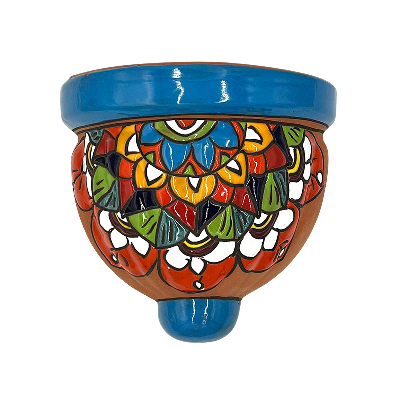Terracotta Wall Planter Pot - Hand Painted Mexican Talavera - Light Blue Trim