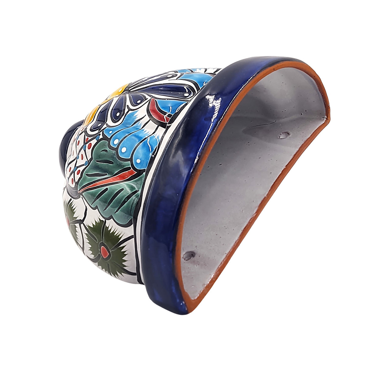 Mexican Talavera Wall Planter Pot - Hand Painted Wall Planter Dark Blue Trim