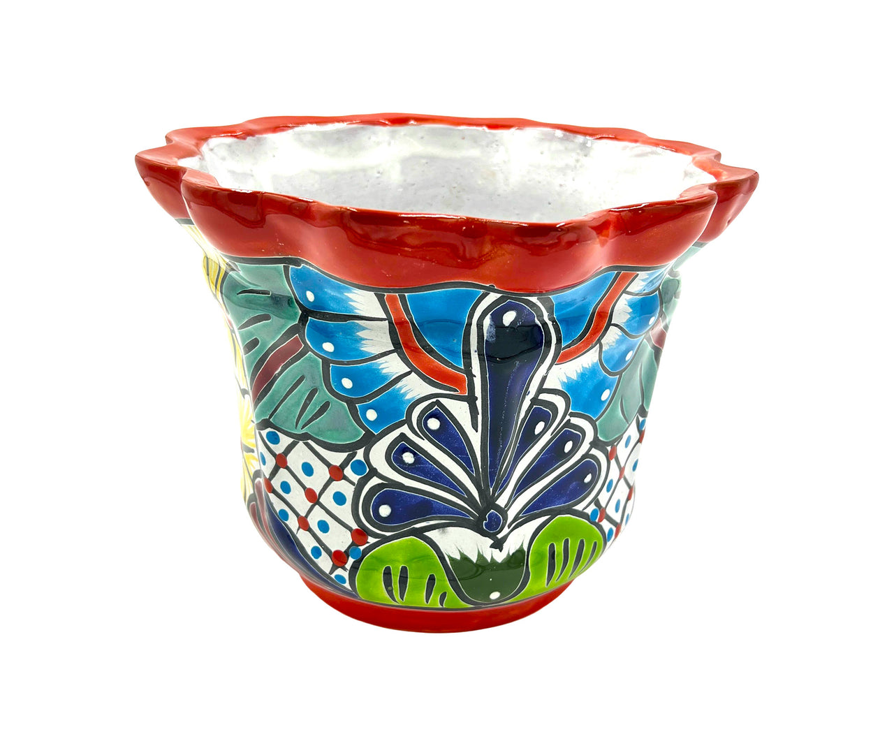 Mexican Talavera Scalloped Corona Rim Planter Planter Pot Hand Painted - Red Trim