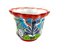 Thumbnail for Mexican Talavera Scalloped Corona Rim Planter Planter Pot Hand Painted - Red Trim