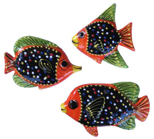 Set of 3 ceramic fish - hand painted in black, green and orange