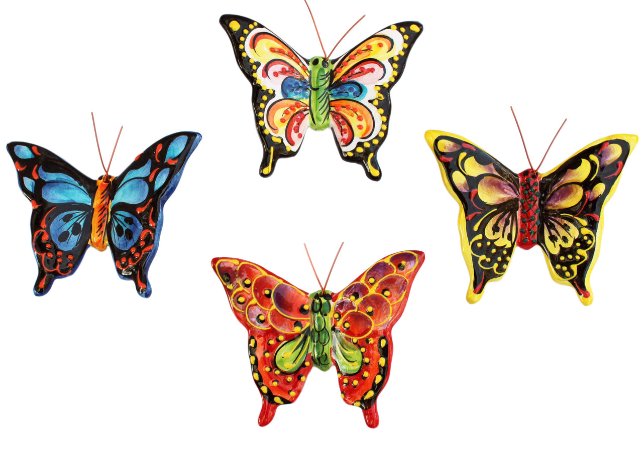 Set of 4 Small Ceramic Butterfly Wall Hangers (Tropical Colors) - Hand Painted From Spain