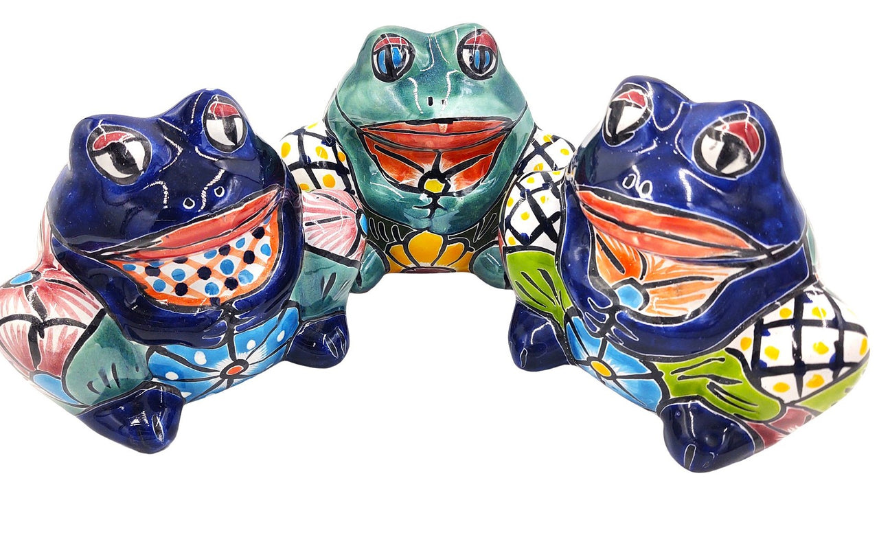 Mexican Talavera Small Squatting Frog Planter Pot Hand Painted - Light Green Frog