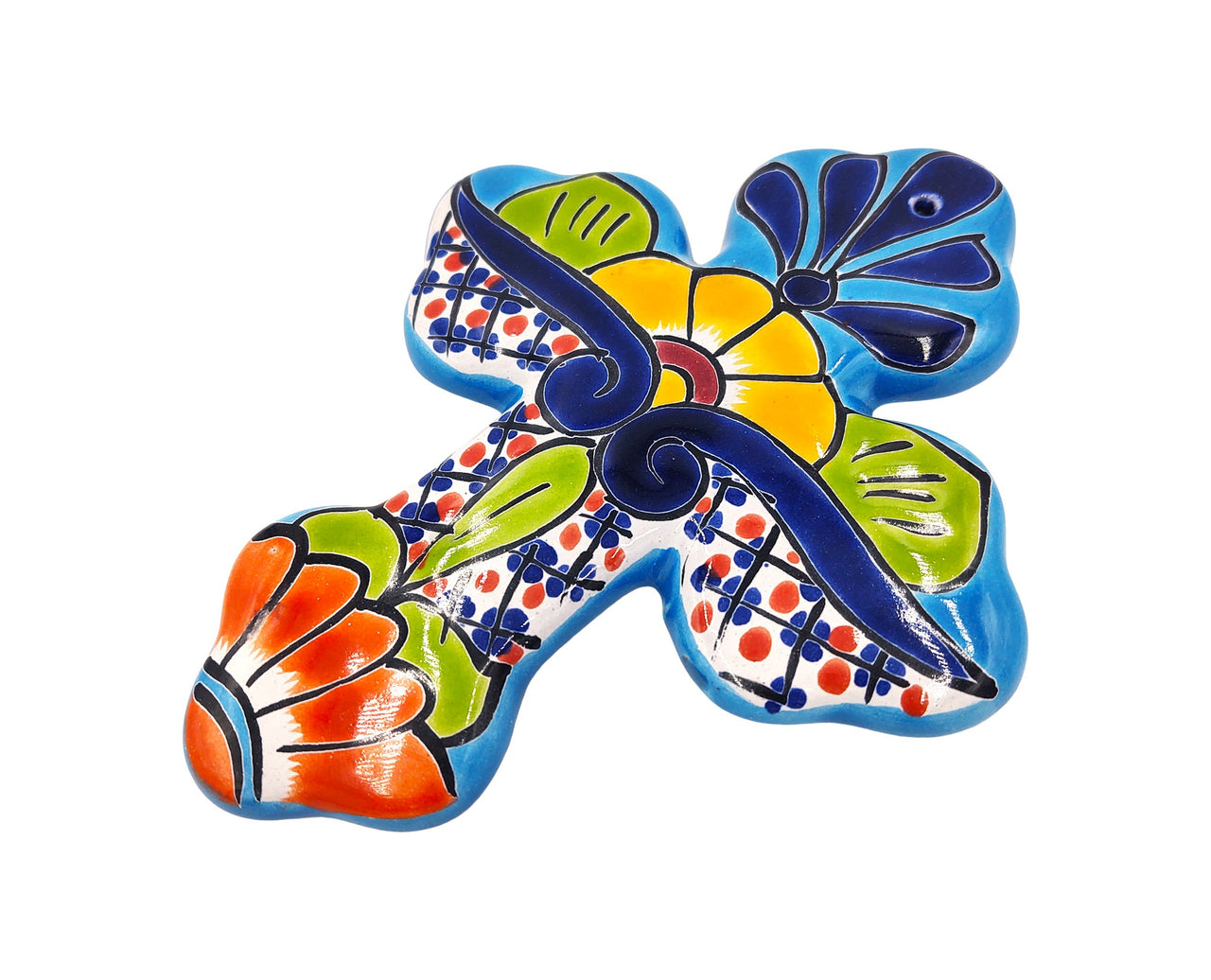 Mexican Talavera Wall Cross 8.5" - Hand Painted, Traditional Mexican Décor - Light Blue Trim