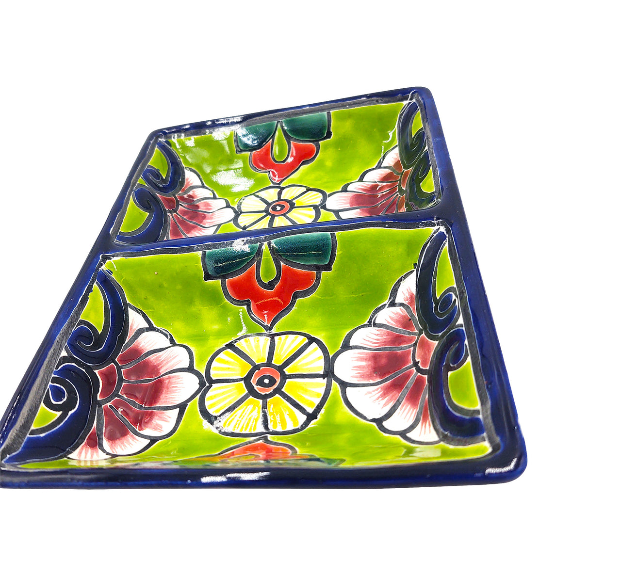 Mexican Talavera Ceramic Divided Serving Dish - Dual Section, 10" Tableware Authentic Décor for Dining & Entertaining, Hand Painted - Dark Blue Trim
