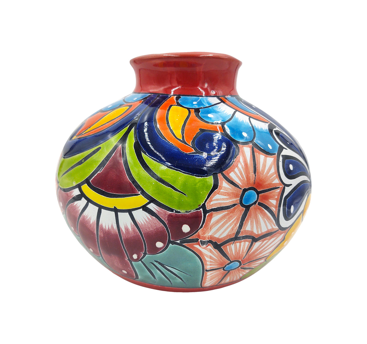 Mexican Talavera Hand Painted Flower Vase - Traditional Mexican Decorative Florero for Home Décor With Red Trim