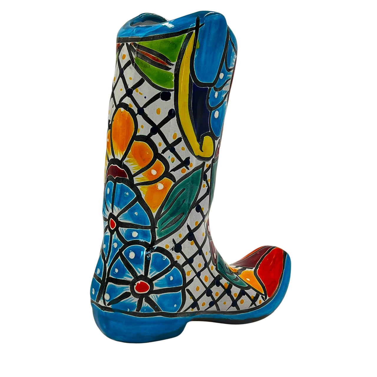 Mexican Talavera Cowboy Boot Planter Hand Painted - Light Blue Trim