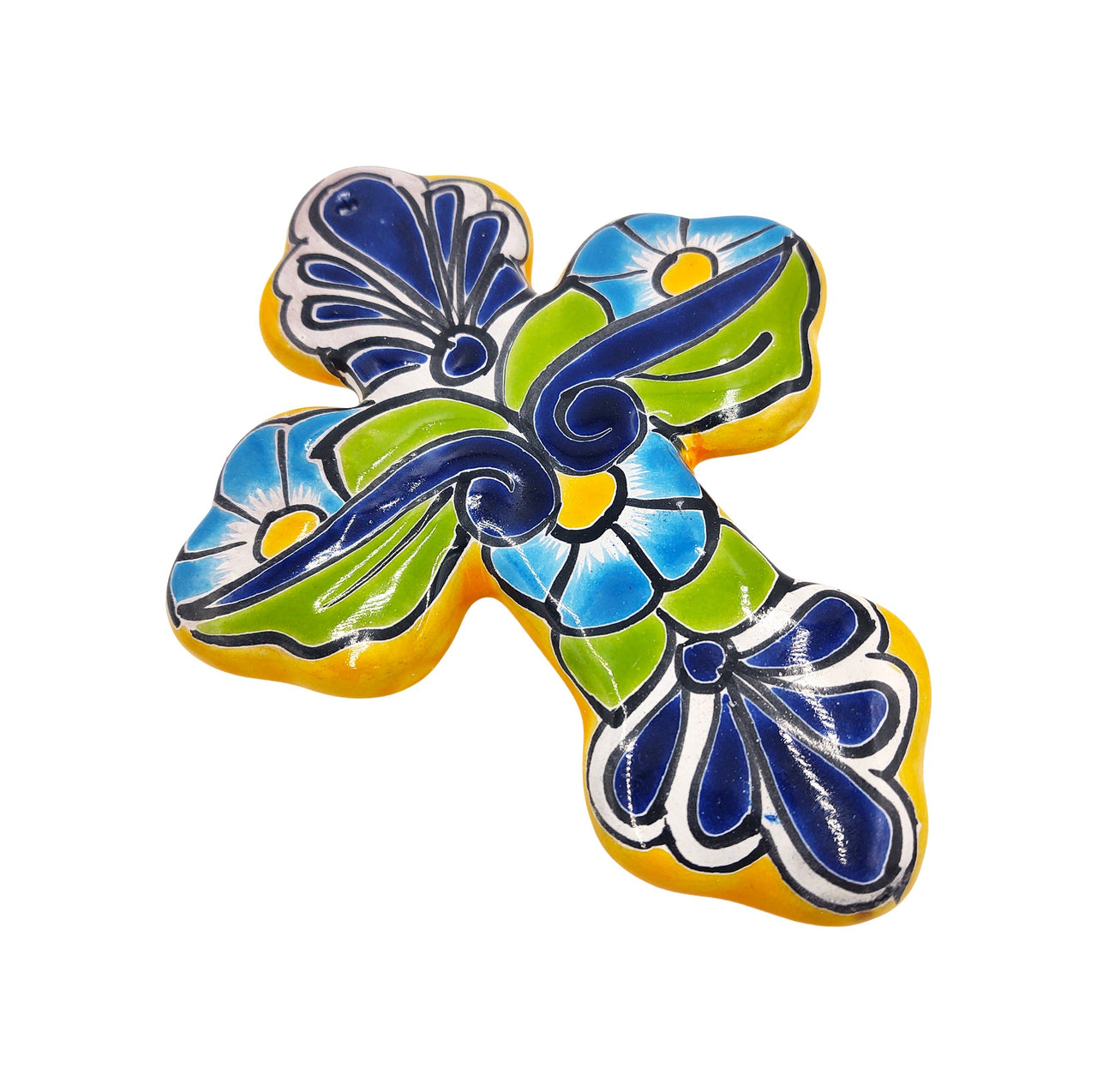 Mexican Talavera Wall Cross 8.5" - Hand Painted, Traditional Mexican Décor - Yellow Trim