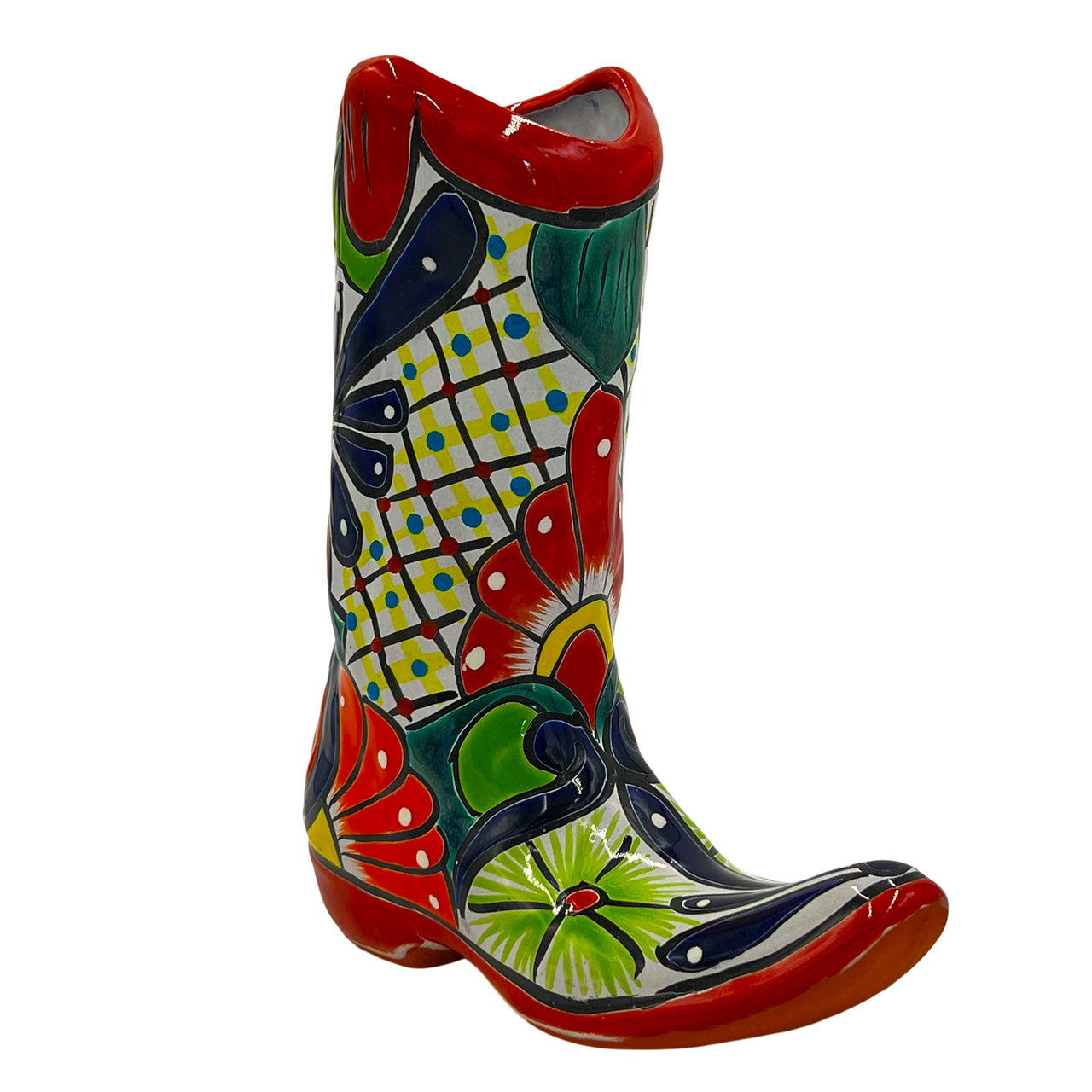 Mexican Talavera Cowboy Boot Planter Hand Painted - Red Trim