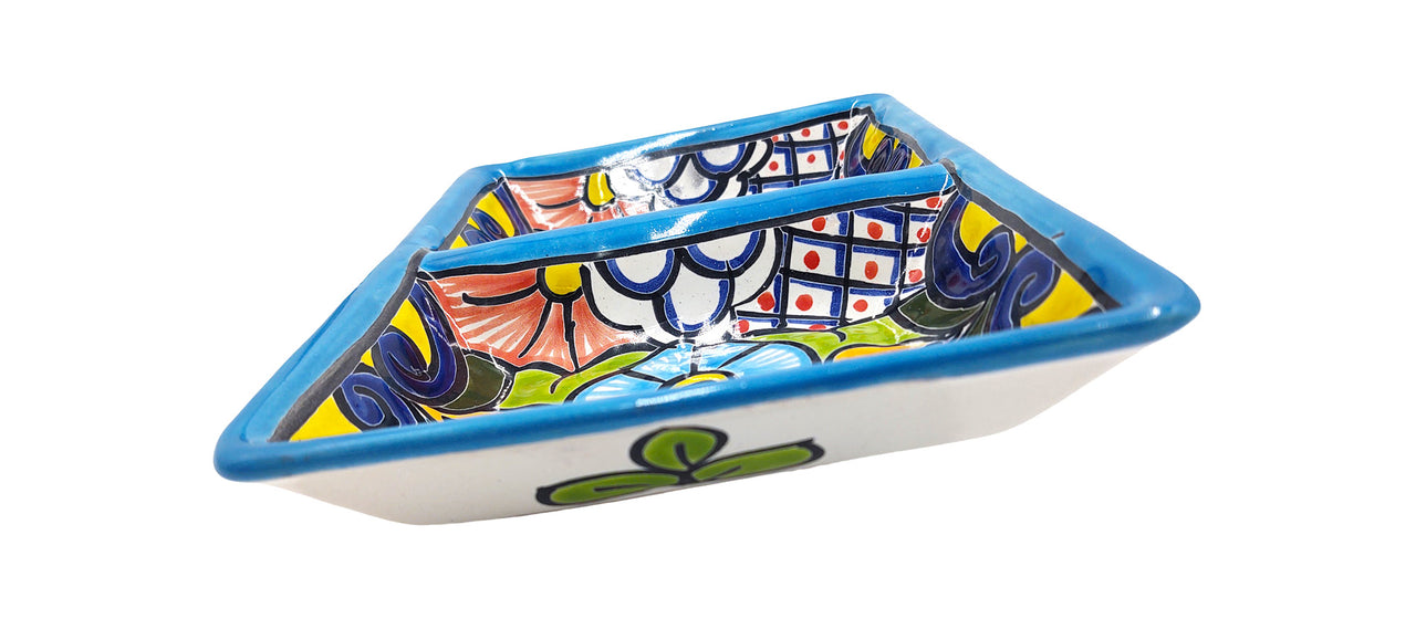 Mexican Talavera Ceramic Divided Serving Dish - Dual Section, 10" Tableware Authentic Décor for Dining & Entertaining, Hand Painted - Light Blue Trim