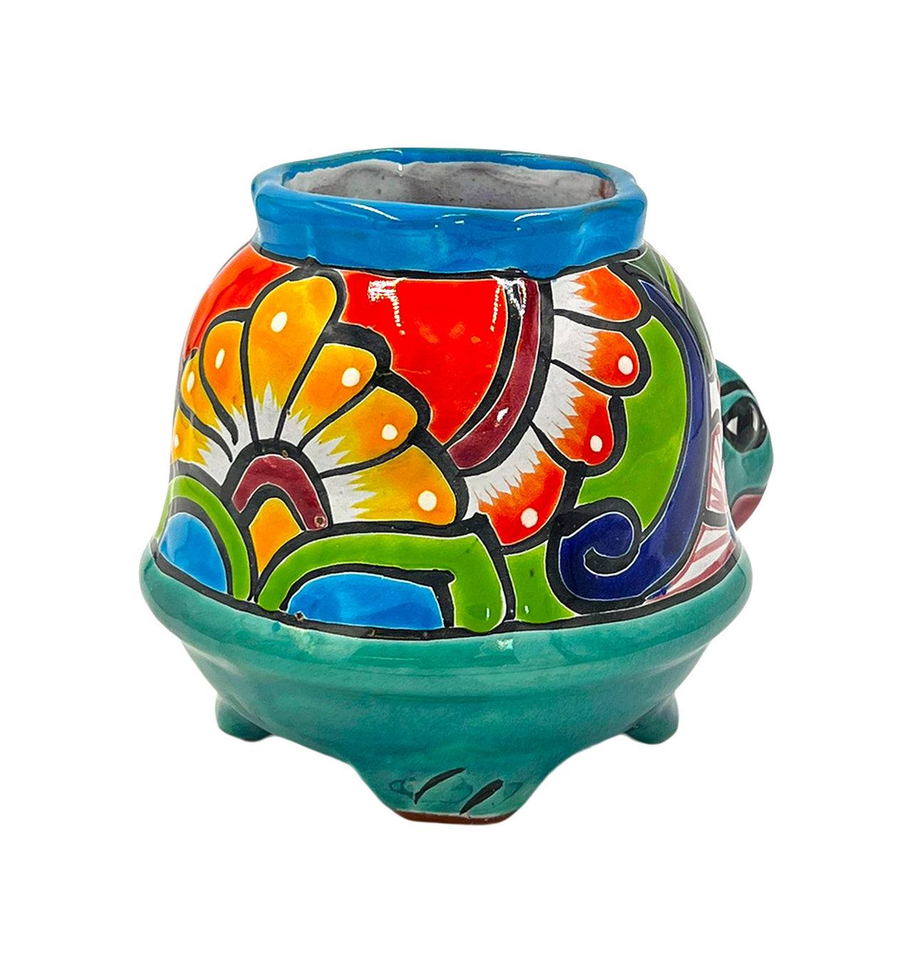 Mexican Talavera Corona Turtle Planter Pot Hand Painted - Light Blue & Metallic Green Body