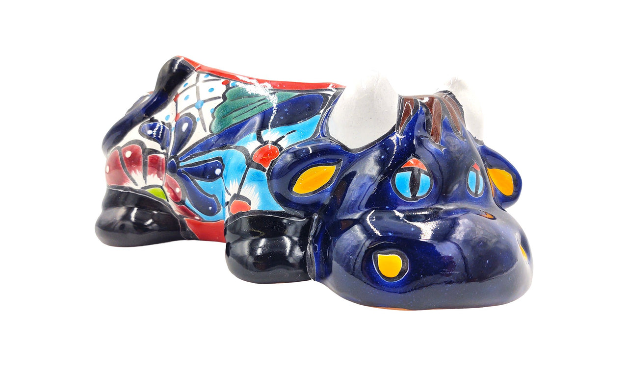 Mexican Talavera Resting Cow Planter Pot Hand Painted - Dark Blue Body Color