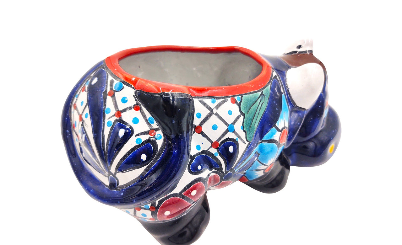Mexican Talavera Resting Cow Planter Pot Hand Painted - Dark Blue Body Color