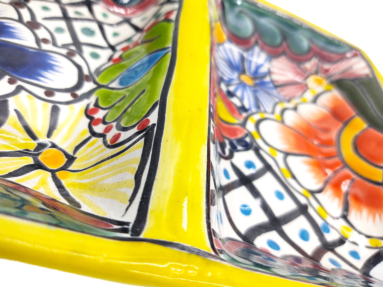 Mexican Talavera Ceramic Divided Serving Dish - Dual Section, 10" Tableware Authentic Décor for Dining & Entertaining, Hand Painted - Yellow Trim