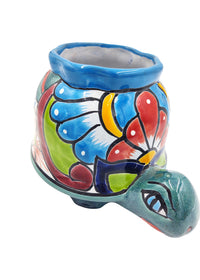 Thumbnail for Mexican Talavera Corona Turtle Planter Pot Hand Painted - Light Blue & Metallic Green Body