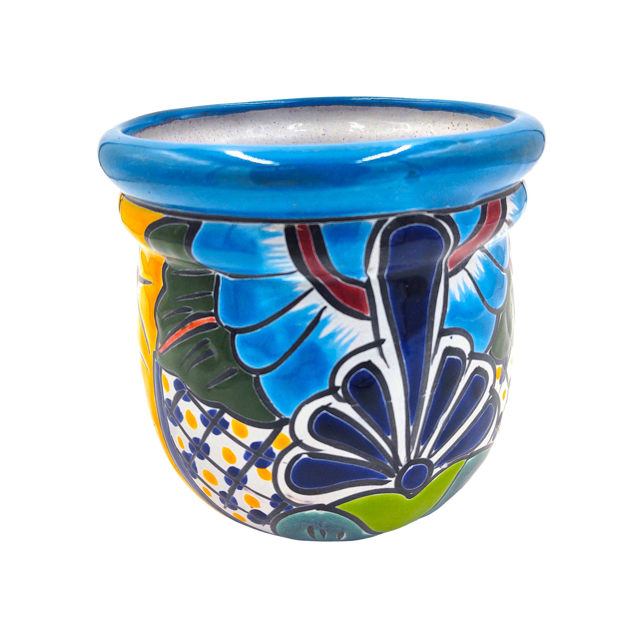 Mexican Talavera "Campanita" Planter Pot Hand Painted - Light Blue Trim