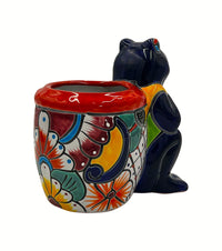 Thumbnail for Mexican Talavera Standing Frog with Basket Planter Pot Hand Painted - Dark Blue Trim