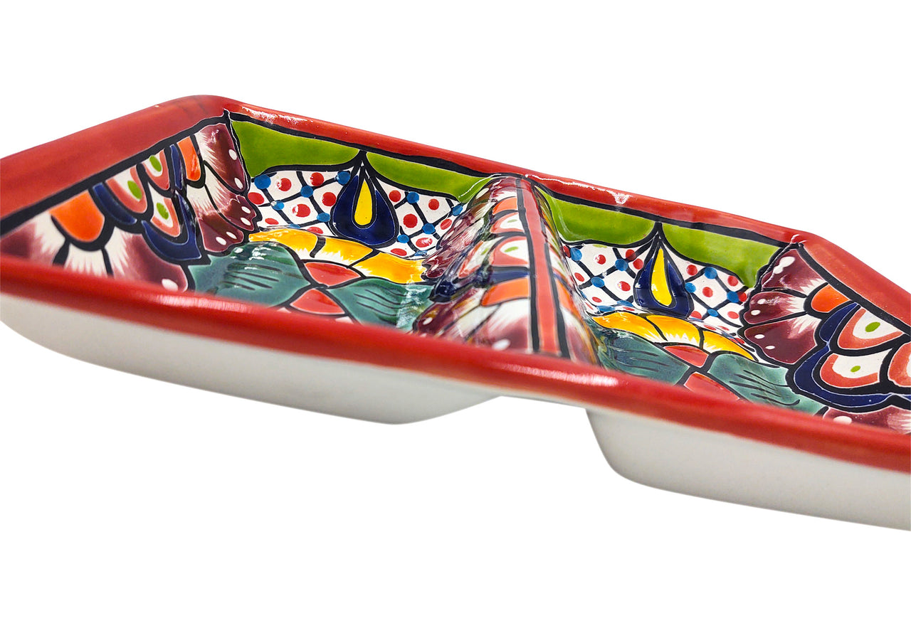 Mexican Talavera Ceramic Divided Serving Dish - Dual Section, 10" Tableware Authentic Décor for Dining & Entertaining, Hand Painted - Red Trim