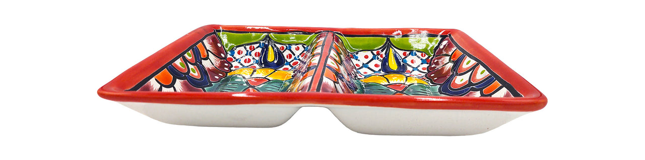 Mexican Talavera Ceramic Divided Serving Dish - Dual Section, 10" Tableware Authentic Décor for Dining & Entertaining, Hand Painted - Red Trim