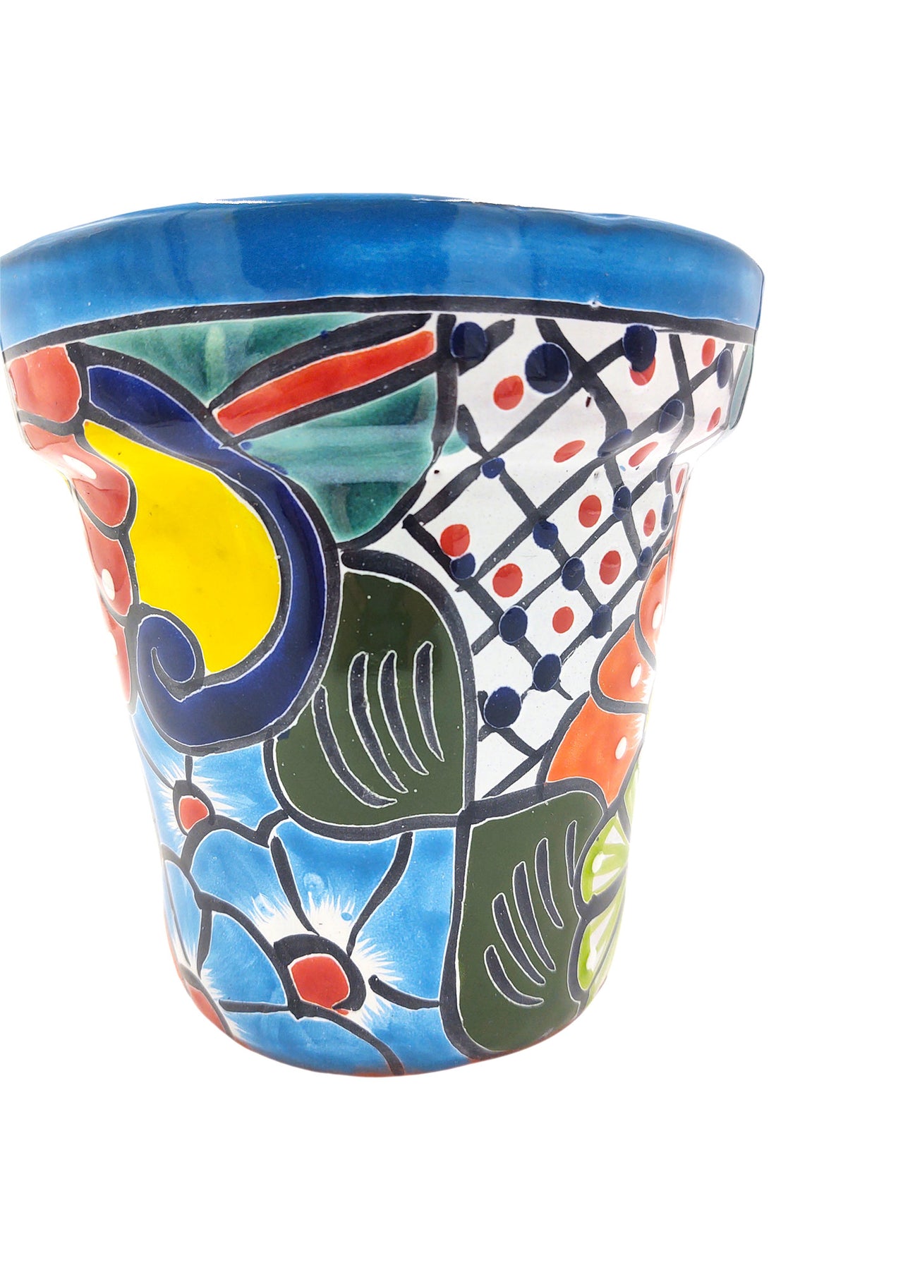 Mexican Talavera Hand Painted Planter Pot (Maceta Ranchera #18) - Traditional Ceramic Garden & Home Décor - Light Blue Trim