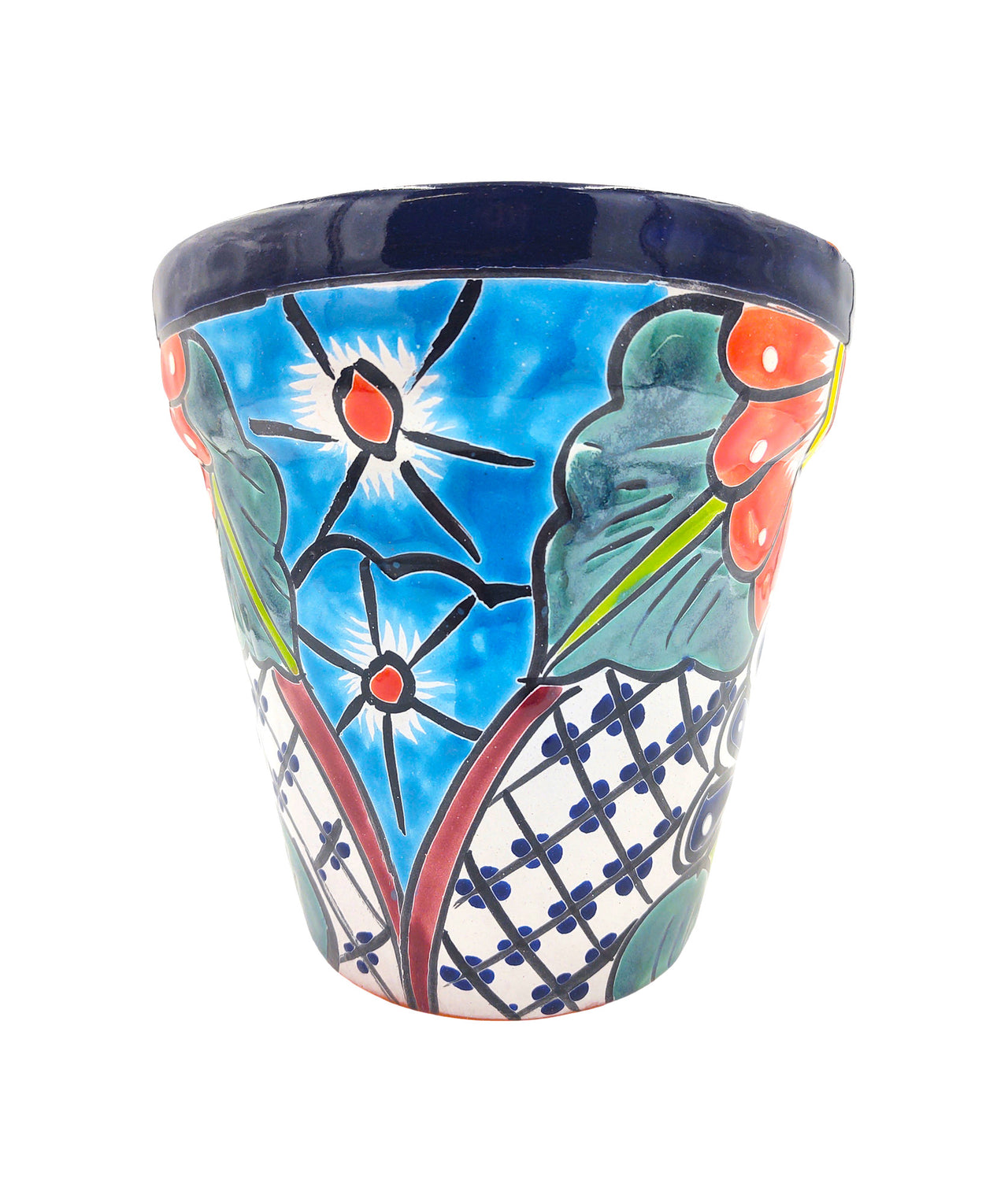 Mexican Talavera Hand Painted Planter Pot (Maceta Ranchera #20) - Traditional Ceramic Garden & Home Décor - Dark Blue Trim