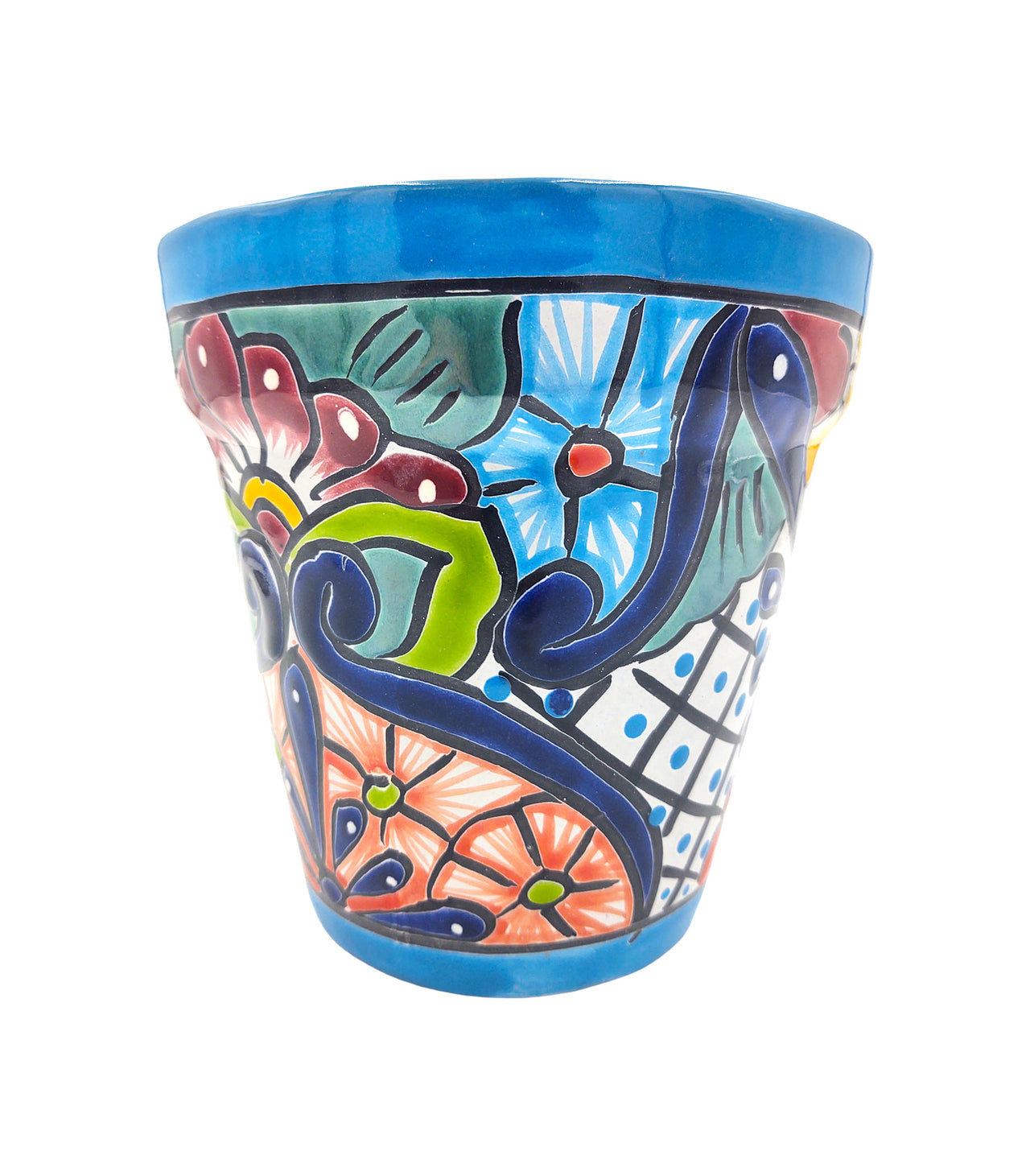 Mexican Talavera Hand Painted Planter Pot (Maceta Ranchera #20) - Traditional Ceramic Garden & Home Décor - Light Blue Trim