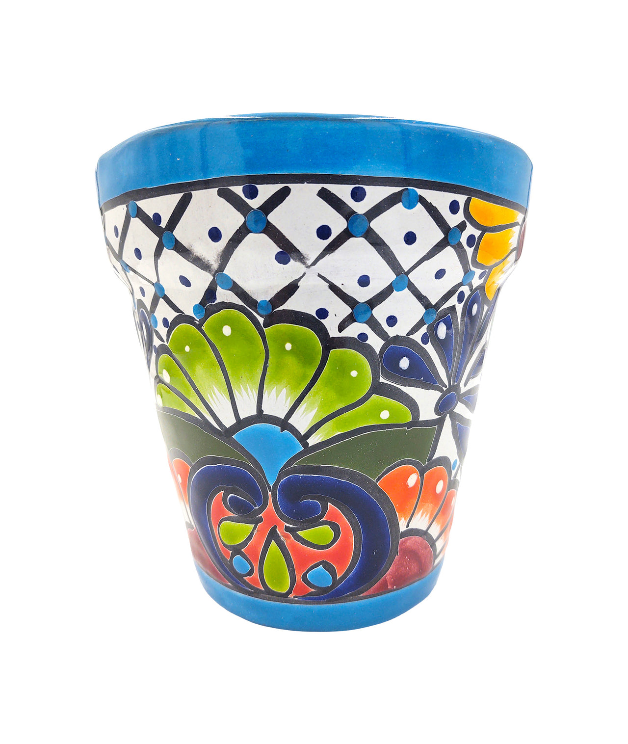Mexican Talavera Hand Painted Planter Pot (Maceta Ranchera #20) - Traditional Ceramic Garden & Home Décor - Light Blue Trim