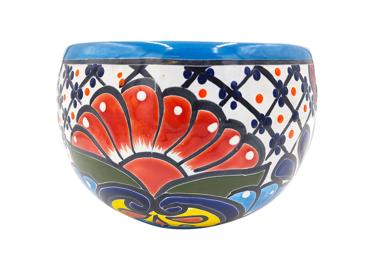 Mexican Talavera Bule Planter Pot Hand Painted - Light Blue Trim