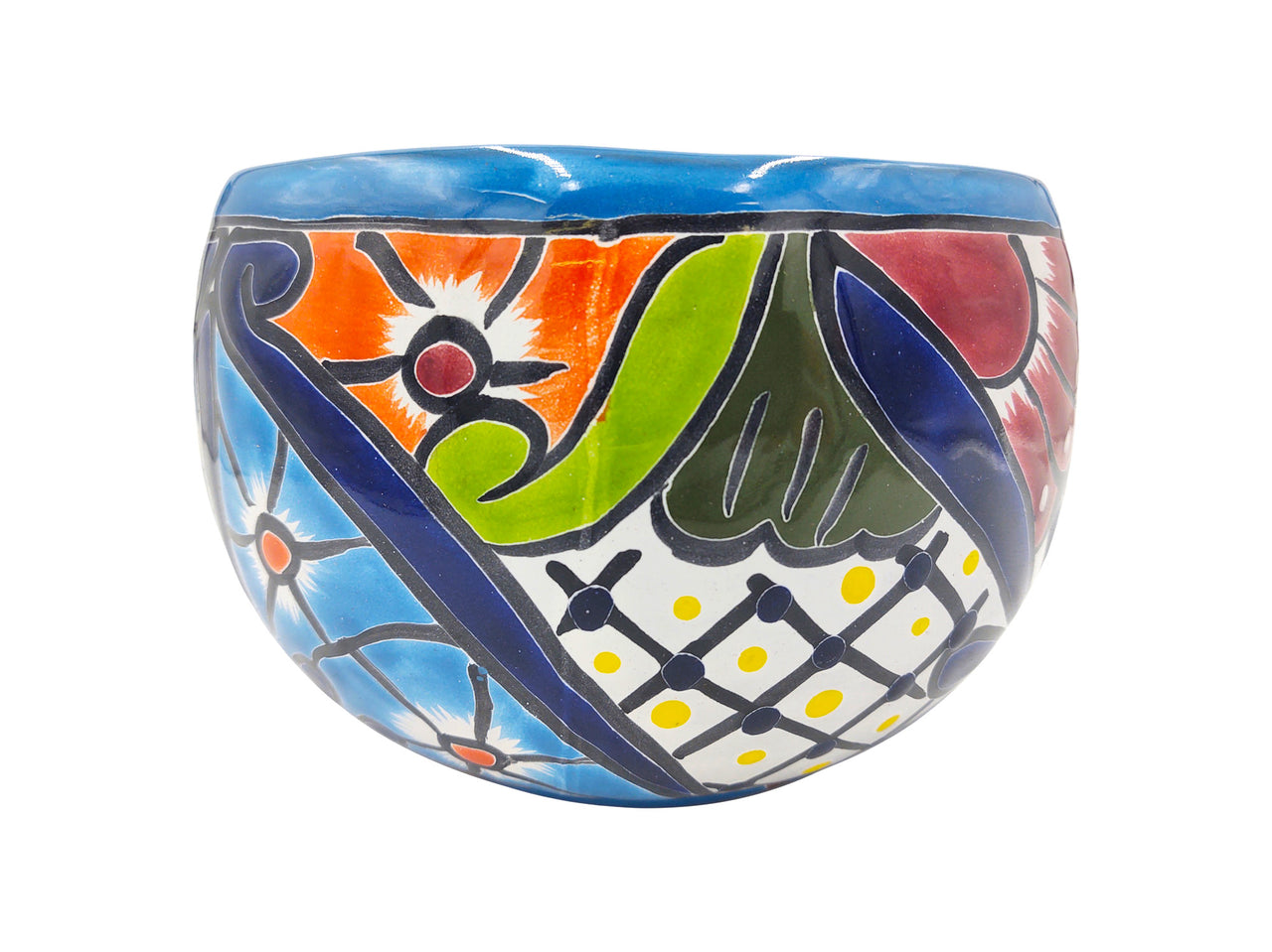 Mexican Talavera Bule Planter Pot Hand Painted - Light Blue Trim