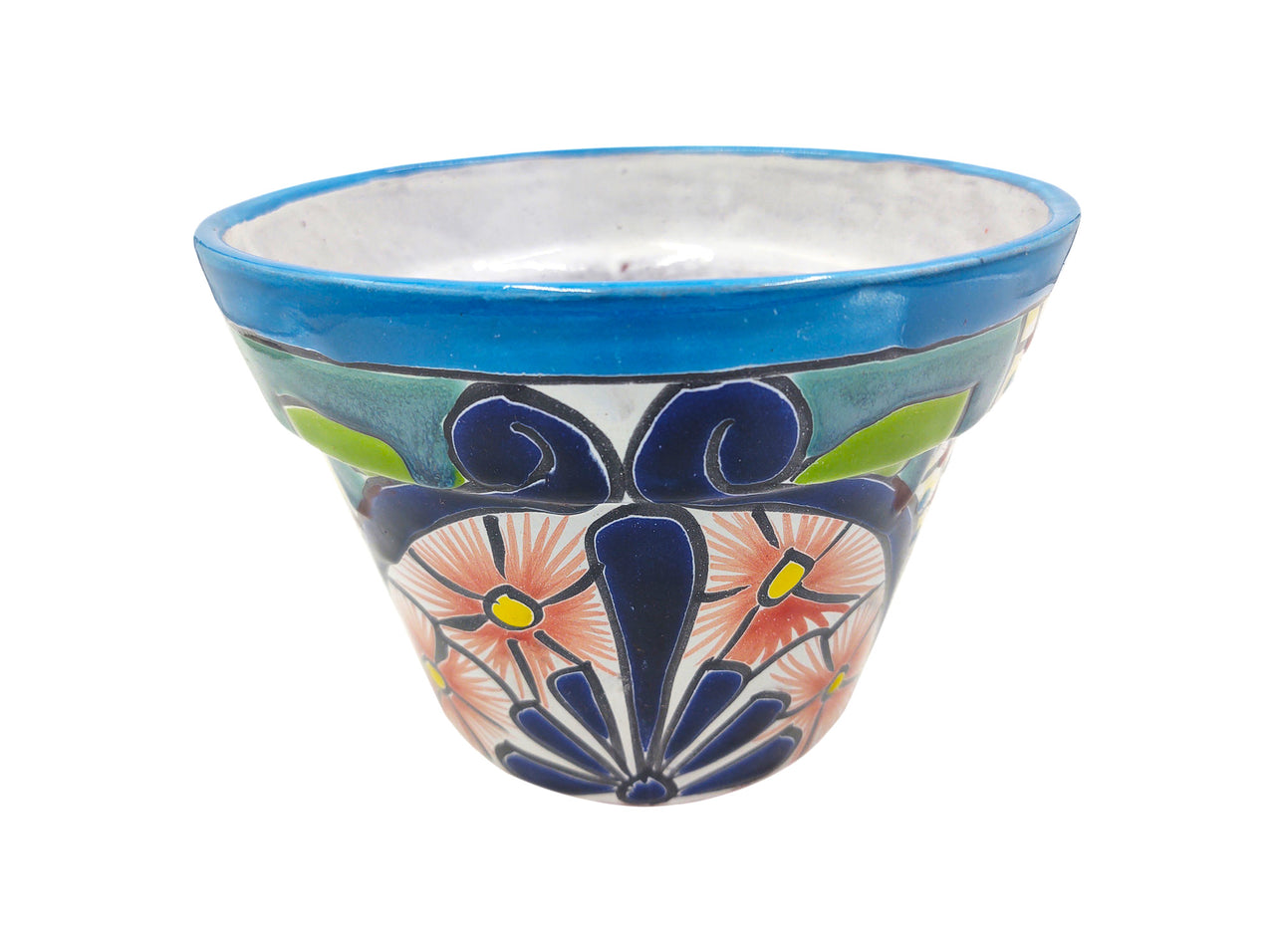 Mexican Talavera Maceta De Granja Planter Pot - Hand Painted with Light Blue Trim