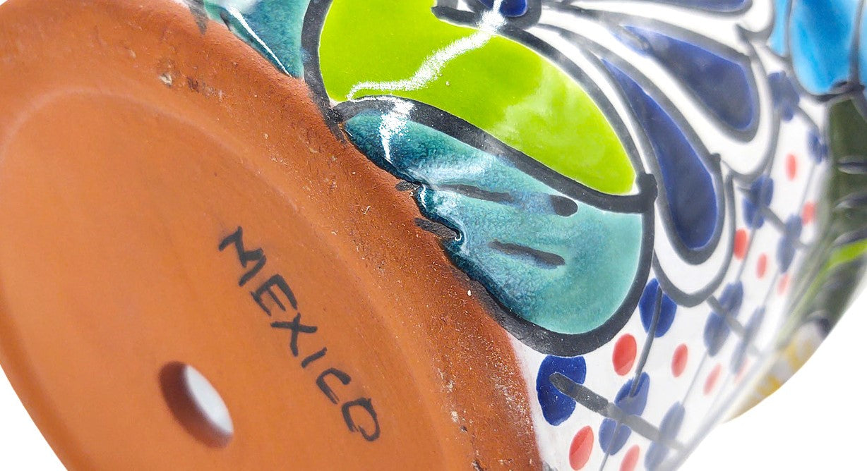 Mexican Talavera Maceta De Granja Planter Pot - Hand Painted with Dark Blue Trim