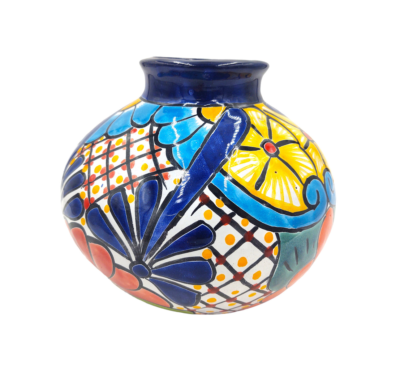 Mexican Talavera Hand Painted Flower Vase - Traditional Mexican Decorative Florero for Home Décor With Dark Blue Trim