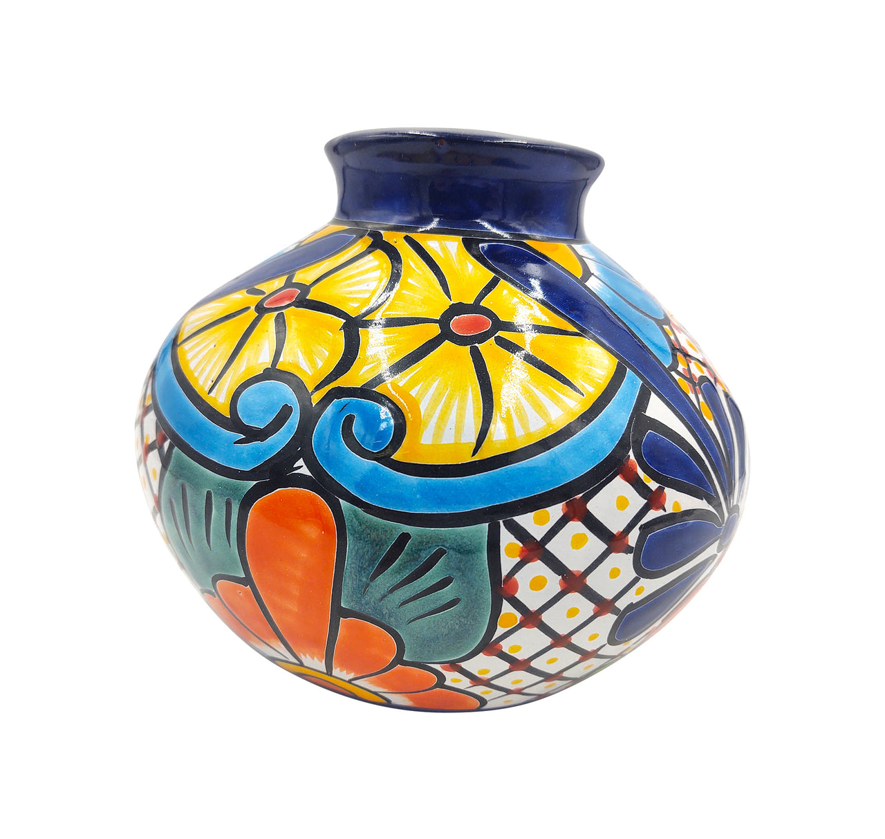 Mexican Talavera Hand Painted Flower Vase - Traditional Mexican Decorative Florero for Home Décor With Dark Blue Trim