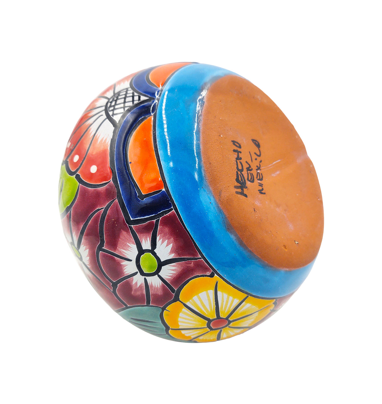 Mexican Talavera Hand Painted Flower Vase - Traditional Mexican Decorative Florero for Home Décor With Light Blue Trim