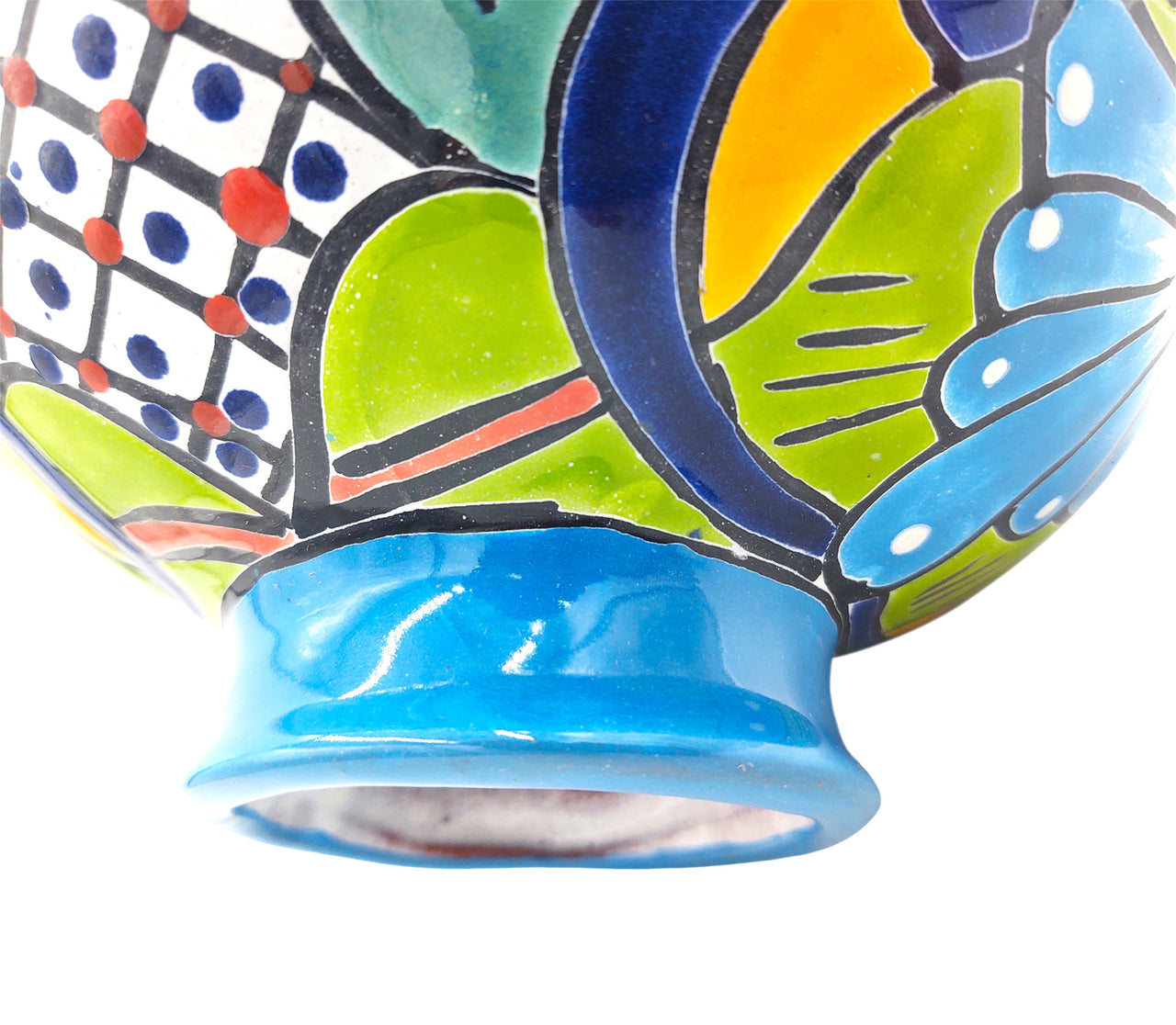 Mexican Talavera Hand Painted Flower Vase - Traditional Mexican Decorative Florero for Home Décor With Light Blue Trim
