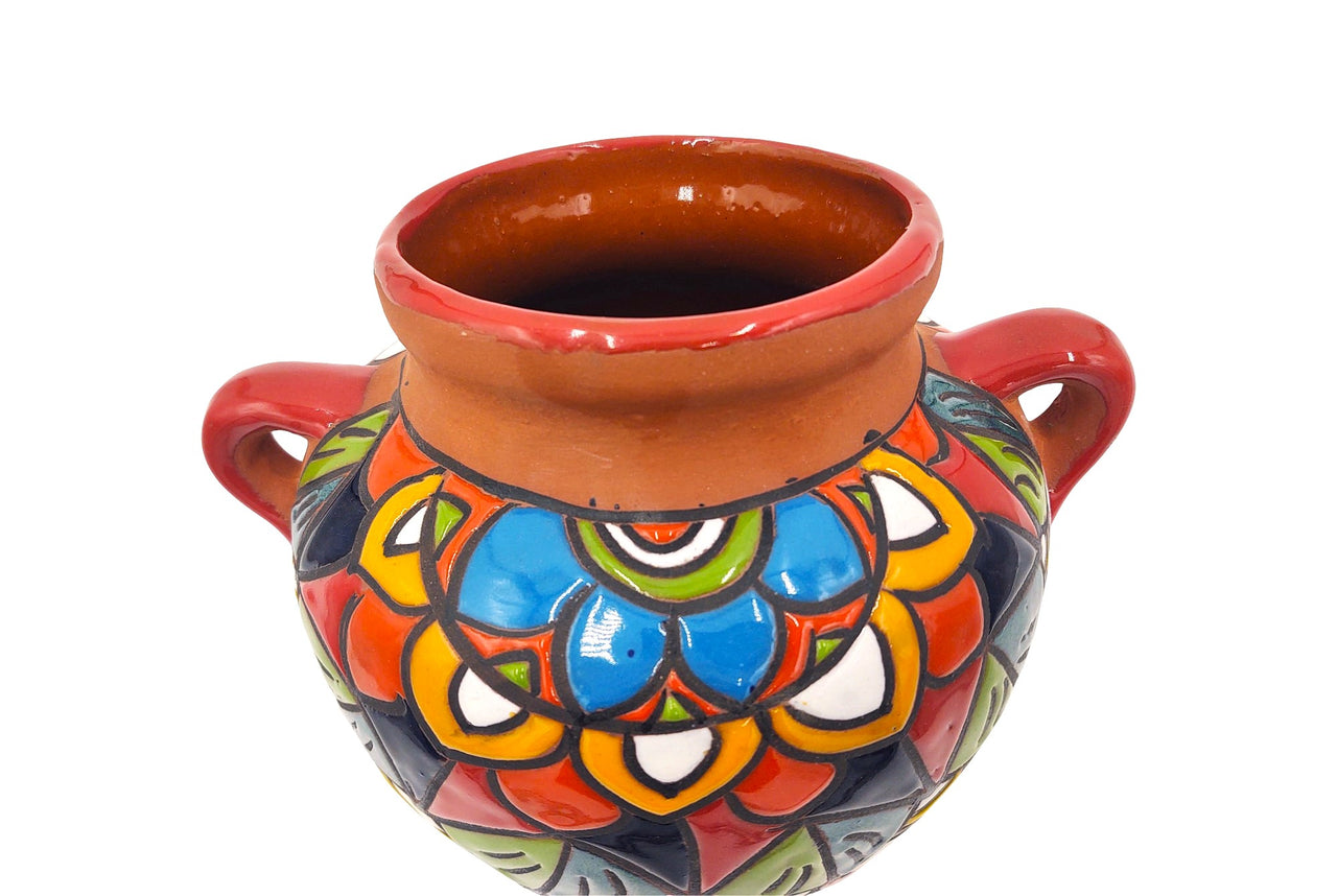 Mexican Talavera Terracotta Cubanito Wall Planter Pot, Hand Painted Traditional Maceta de Pared for Home & Garden Décor - Red Trim