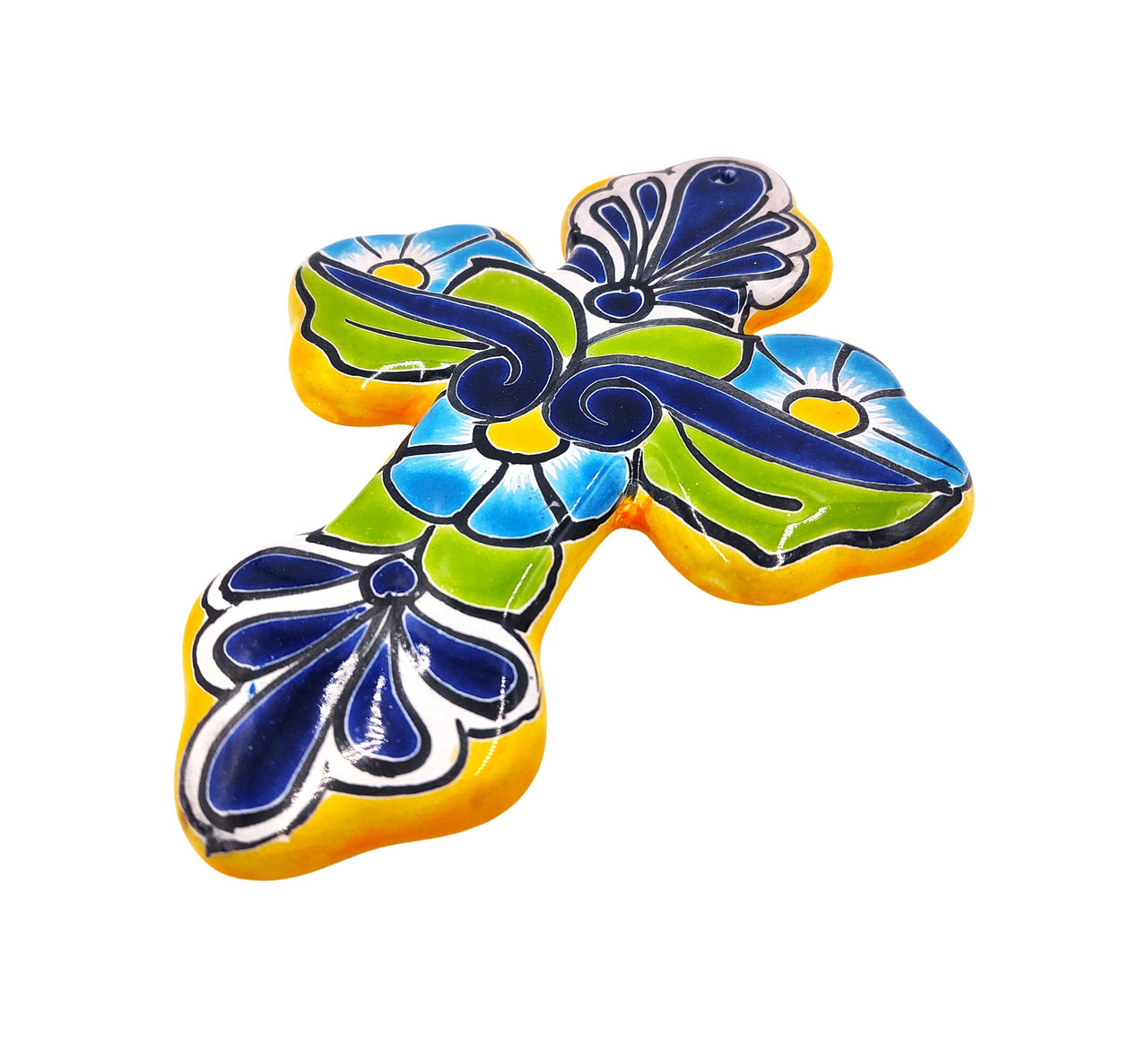 Mexican Talavera Wall Cross 8.5" - Hand Painted, Traditional Mexican Décor - Yellow Trim