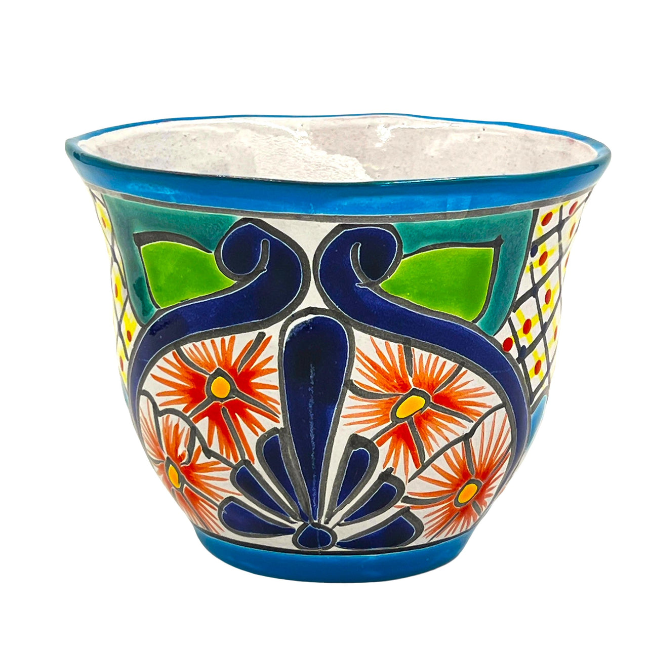 Mexican Talavera "Japonesa Planter" Pot Hand Painted - Light Blue Trim