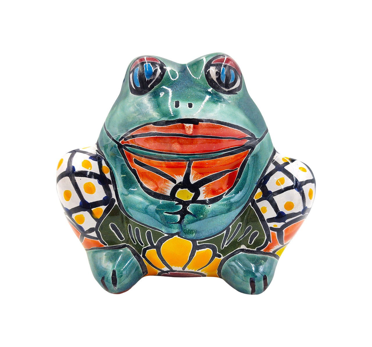 Mexican Talavera Small Squatting Frog Planter Pot Hand Painted - Light Green Frog