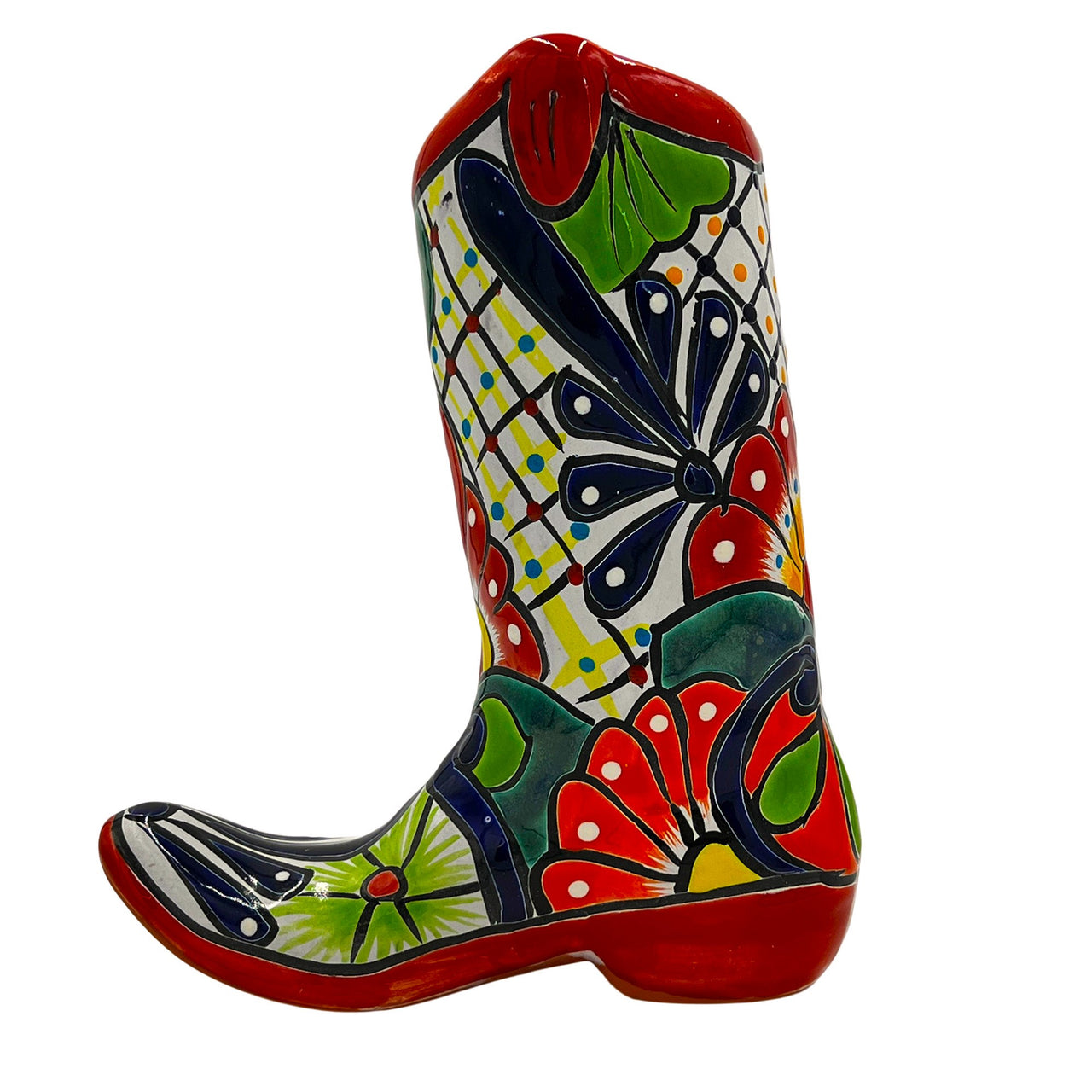 Mexican Talavera Cowboy Boot Planter Hand Painted - Red Trim