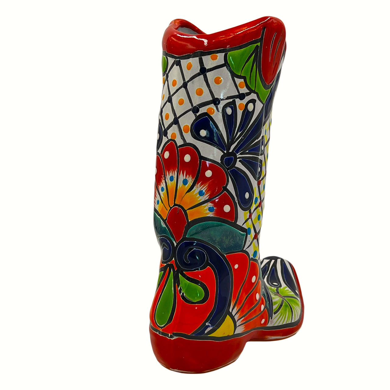 Mexican Talavera Cowboy Boot Planter Hand Painted - Red Trim