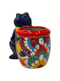 Thumbnail for Mexican Talavera Standing Frog with Basket Planter Pot Hand Painted - Dark Blue Trim