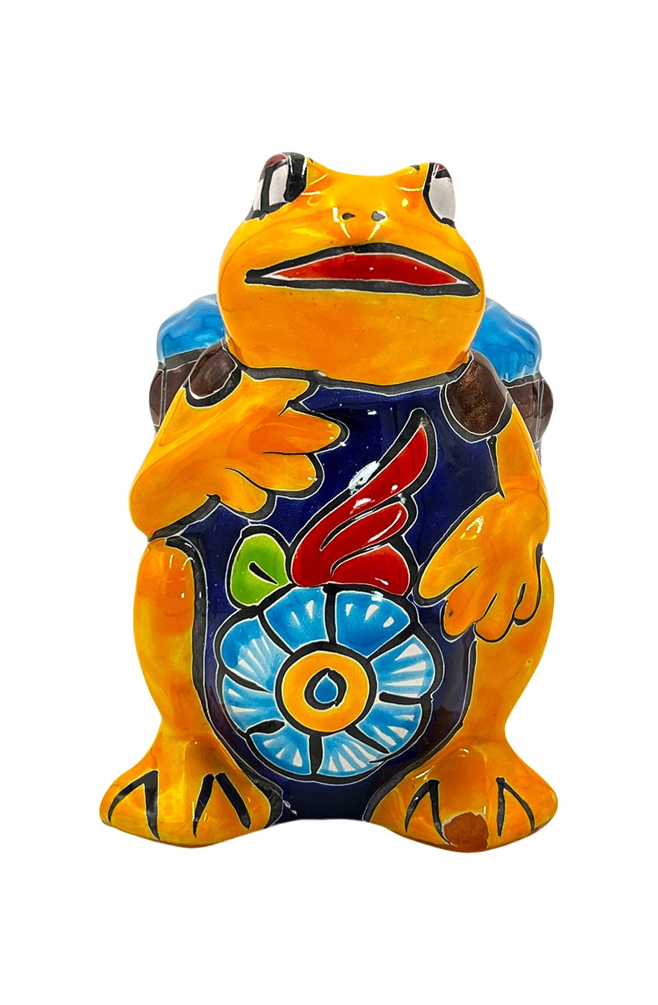 Mexican Talavera Standing Frog with Basket Planter Pot Hand Painted - Yellow Frog