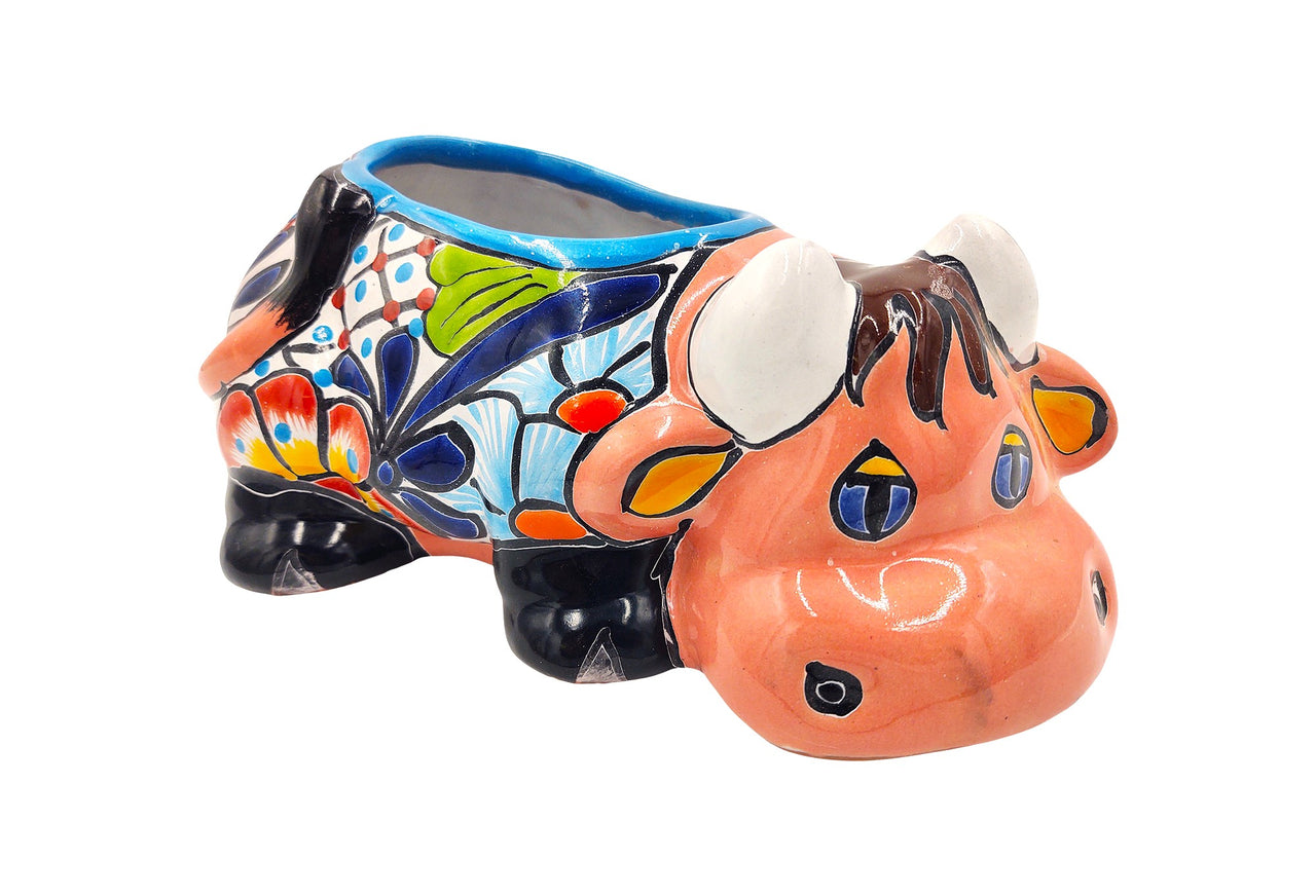 Mexican Talavera Resting Cow Planter Pot Hand Painted - Pink Body Color